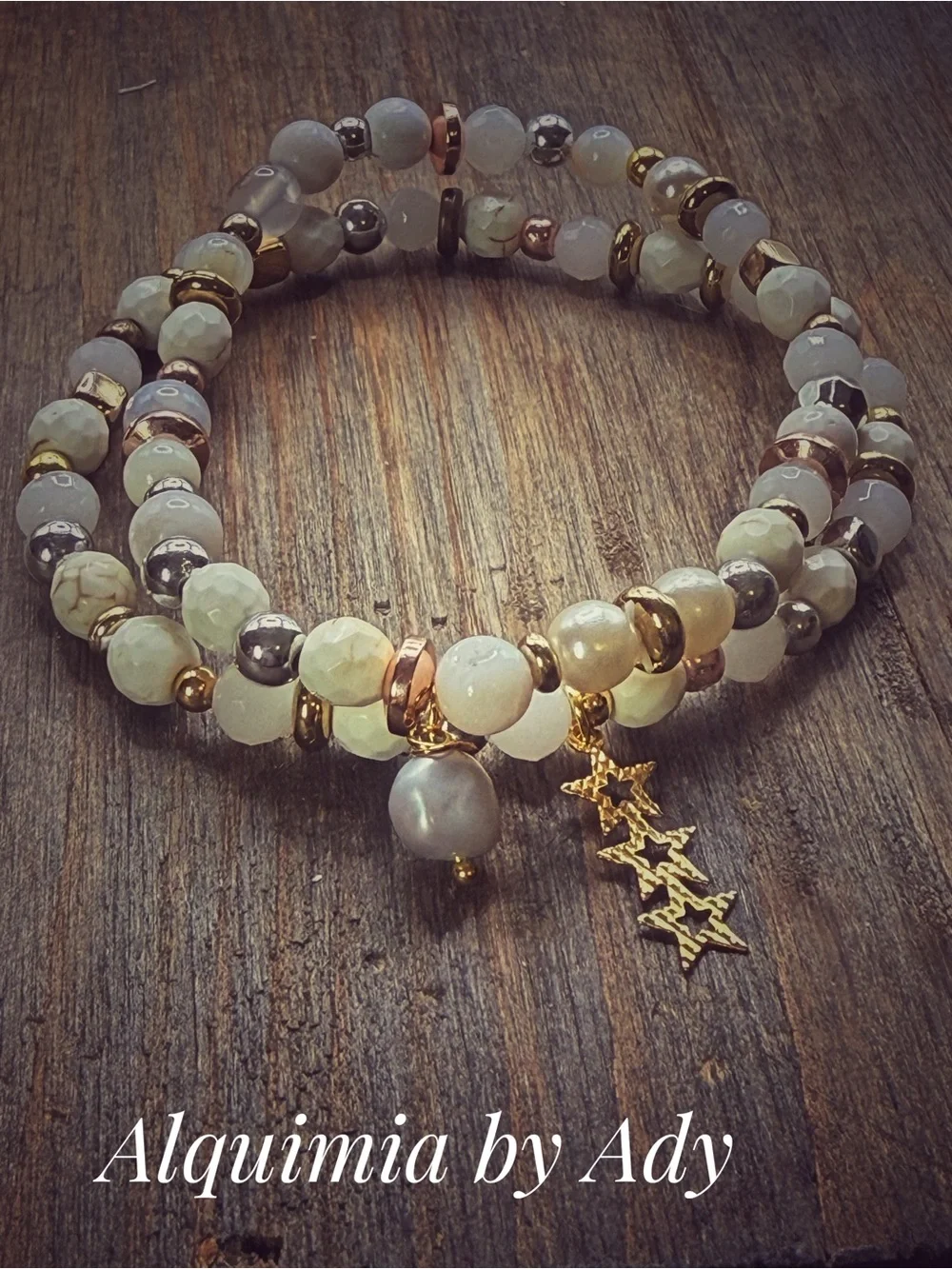 Agates and cream turquoise Neutral Beaded Wrap Bracelet with Gold Star Charm
